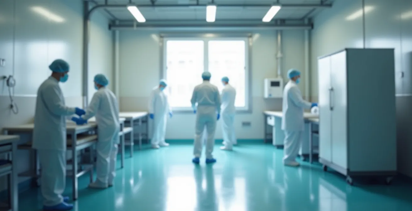 Vue environnementale d'un espace industriel propre et sécurisé avec éclairage doux et ambiance claire