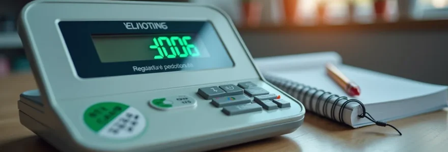 Balance professionnelle homologuée avec vignette verte, affichage digital précis, carnet métrologique à proximité en environnement commercial.