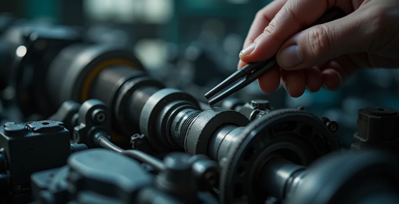 Détail d’une main manipulant des outils et démontant prudemment une partie mécanique d’une machine industrielle