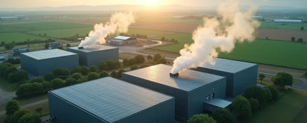 Vue conceptuelle de la transition énergétique dans l'agro-industrie avec des installations industrielles modernes et des panneaux solaires