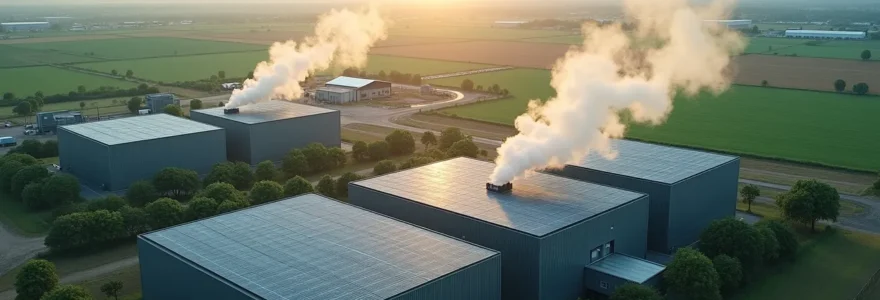 Vue conceptuelle de la transition énergétique dans l'agro-industrie avec des installations industrielles modernes et des panneaux solaires
