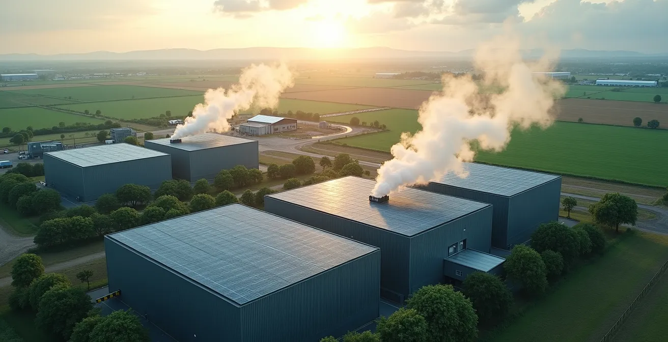 Vue conceptuelle de la transition énergétique dans l'agro-industrie avec des installations industrielles modernes et des panneaux solaires
