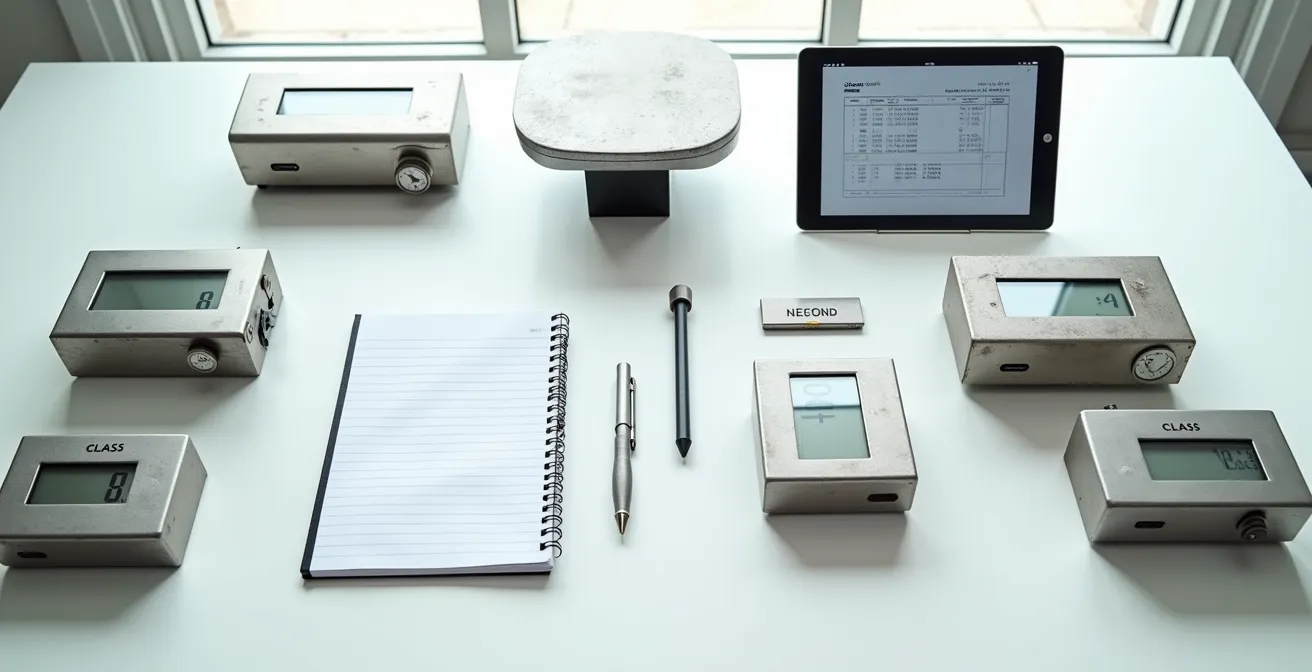 Feuille d'inventaire détaillée avec liste de balances, capacités, classes de précision et dates de vérification prochaines planifiées.