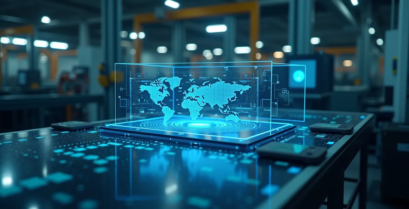Image conceptuelle d'un jumeau numérique interfacé avec la technologie RFID dans un environnement industriel