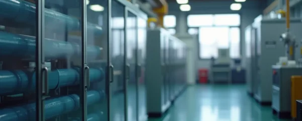 Image réaliste d'une installation industrielle propre avec un système de filtration d'air moderne, éclairage cinématographique et ambiance nette sans texte ni logos