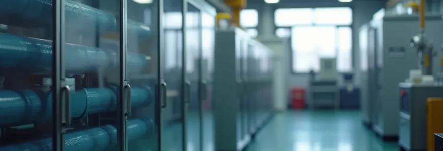 Image réaliste d'une installation industrielle propre avec un système de filtration d'air moderne, éclairage cinématographique et ambiance nette sans texte ni logos