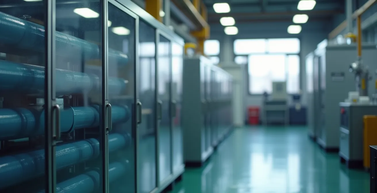 Image réaliste d'une installation industrielle propre avec un système de filtration d'air moderne, éclairage cinématographique et ambiance nette sans texte ni logos