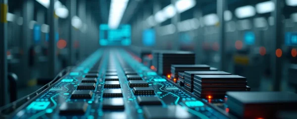 Illustration conceptuelle montrant une chaîne de production de semi-conducteurs avec des pièces détachées et un système de gestion numérique