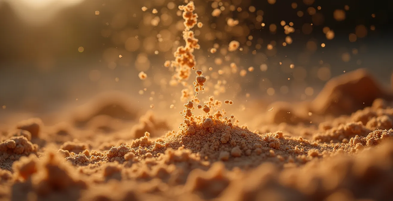 Gros plan sur des particules de poussières de bois et métal dans l'air avec lumière naturelle