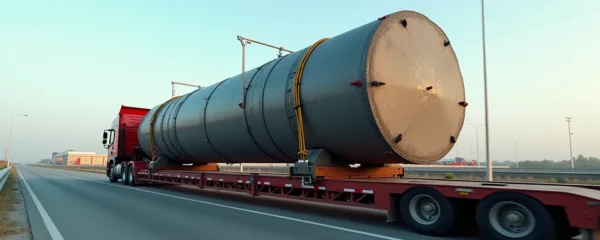 Camion spécialisé transportant une machine industrielle lourde, sécurisée avec sangles solides et protection adaptée