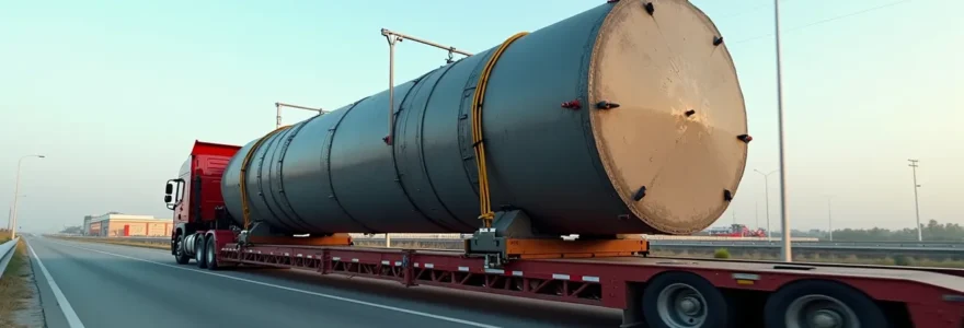 Camion spécialisé transportant une machine industrielle lourde, sécurisée avec sangles solides et protection adaptée
