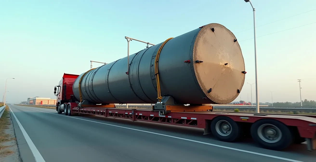 Camion spécialisé transportant une machine industrielle lourde, sécurisée avec sangles solides et protection adaptée