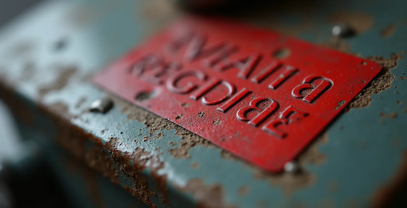 Gros plan détaillé d'une balance avec vignette rouge d'arrêt, symbolisant la non-conformité et l'interdiction d'usage immédiate.