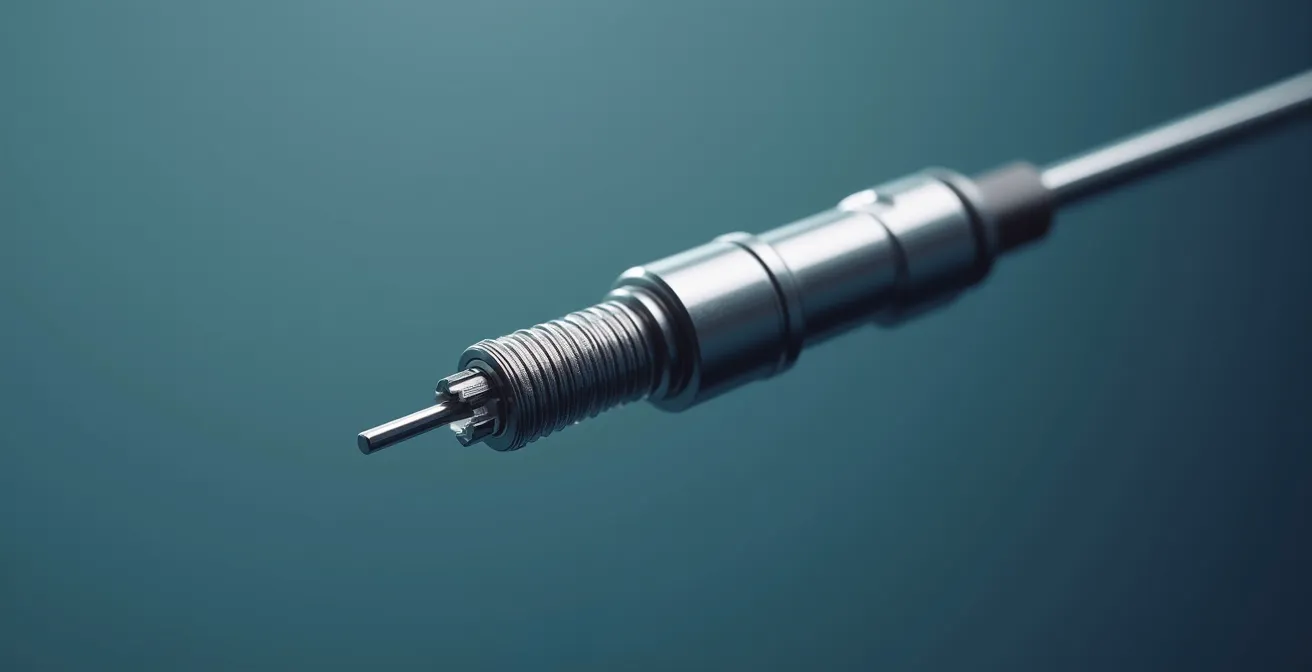 Sonde thermocouple de précision avec gaine métallique dans un environnement industriel sous éclairage studio