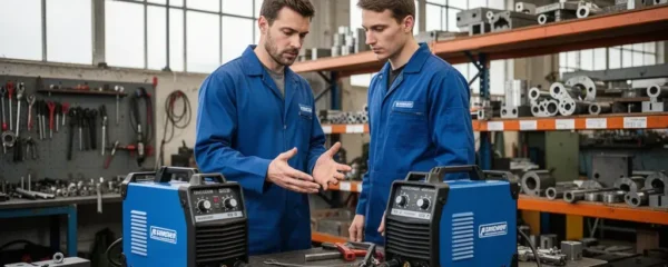 Technicien soudeur évaluant un poste à souder inverter dans un atelier de métallurgie