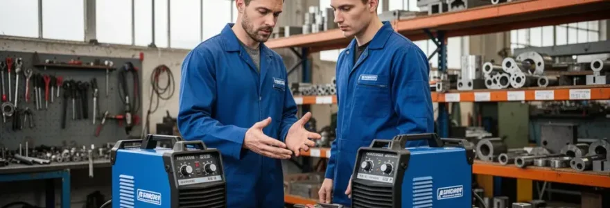 Technicien soudeur évaluant un poste à souder inverter dans un atelier de métallurgie