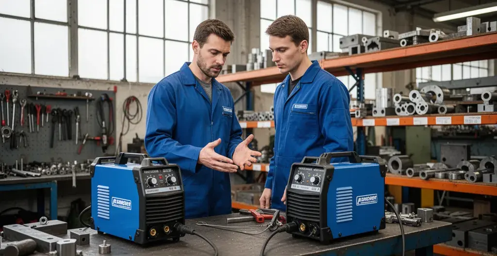 Technicien soudeur évaluant un poste à souder inverter dans un atelier de métallurgie