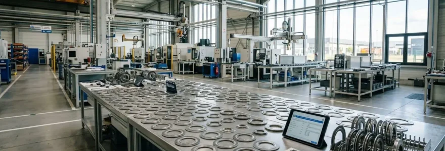 Rangées de joints métalliques en cours de contrôle qualité dans un atelier industriel français moderne éclairé par de grandes baies vitrées