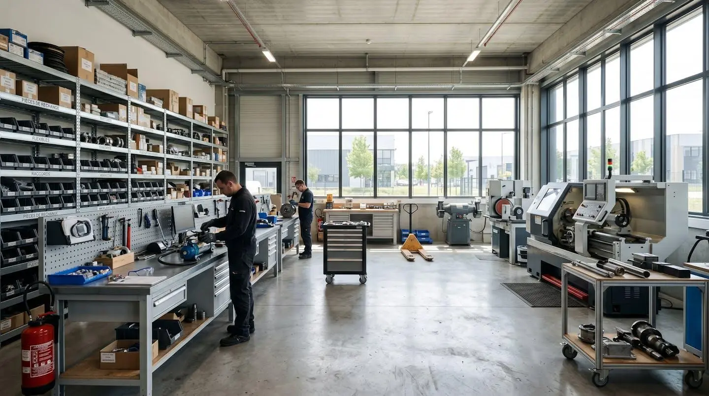 Vue large d'un atelier de maintenance industrielle moderne avec établis organisés, machines-outils et étagères de pièces détachées, éclairé par de grandes fenêtres apportant une lumière naturelle abondante