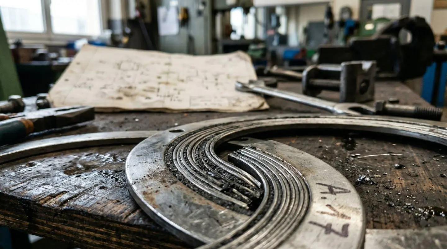 Gros plan sur un joint spiralé métallique posé à côté d'un document technique partiellement visible et flouté