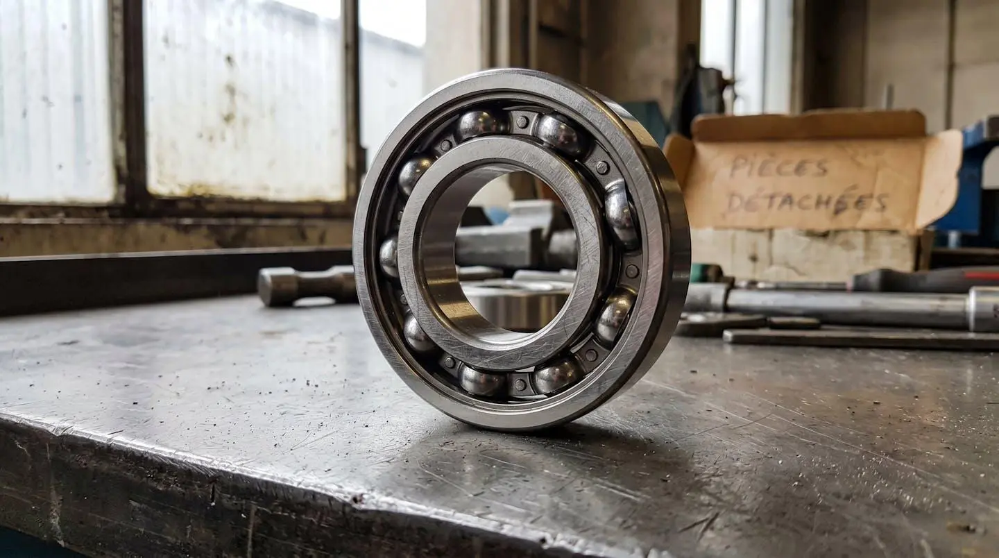 Gros plan extrême sur les éléments roulants et la cage métallique d'un roulement à billes, avec une netteté marquée sur les billes et un arrière-plan flouté d'atelier