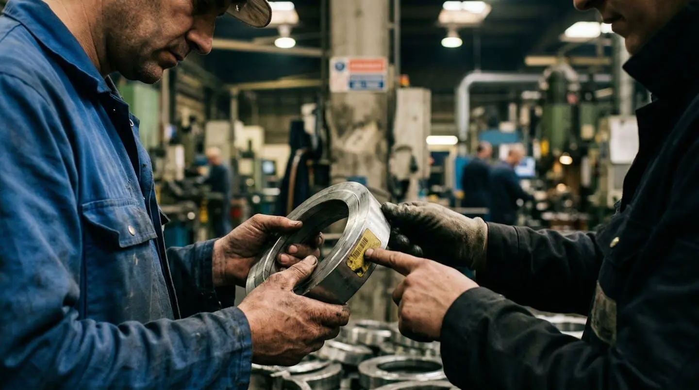 Deux techniciens en tenue industrielle examinant un joint métallique, vue centrée sur leurs mains et le produit sans visages visibles
