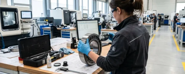 Technicien de maintenance en tenue de travail inspectant un roulement démonté sur un établi d'atelier moderne, vu de dos dans un environnement lumineux et organisé