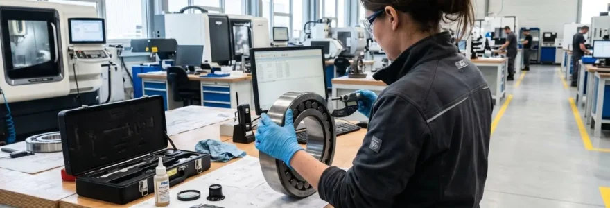 Technicien de maintenance en tenue de travail inspectant un roulement démonté sur un établi d'atelier moderne, vu de dos dans un environnement lumineux et organisé