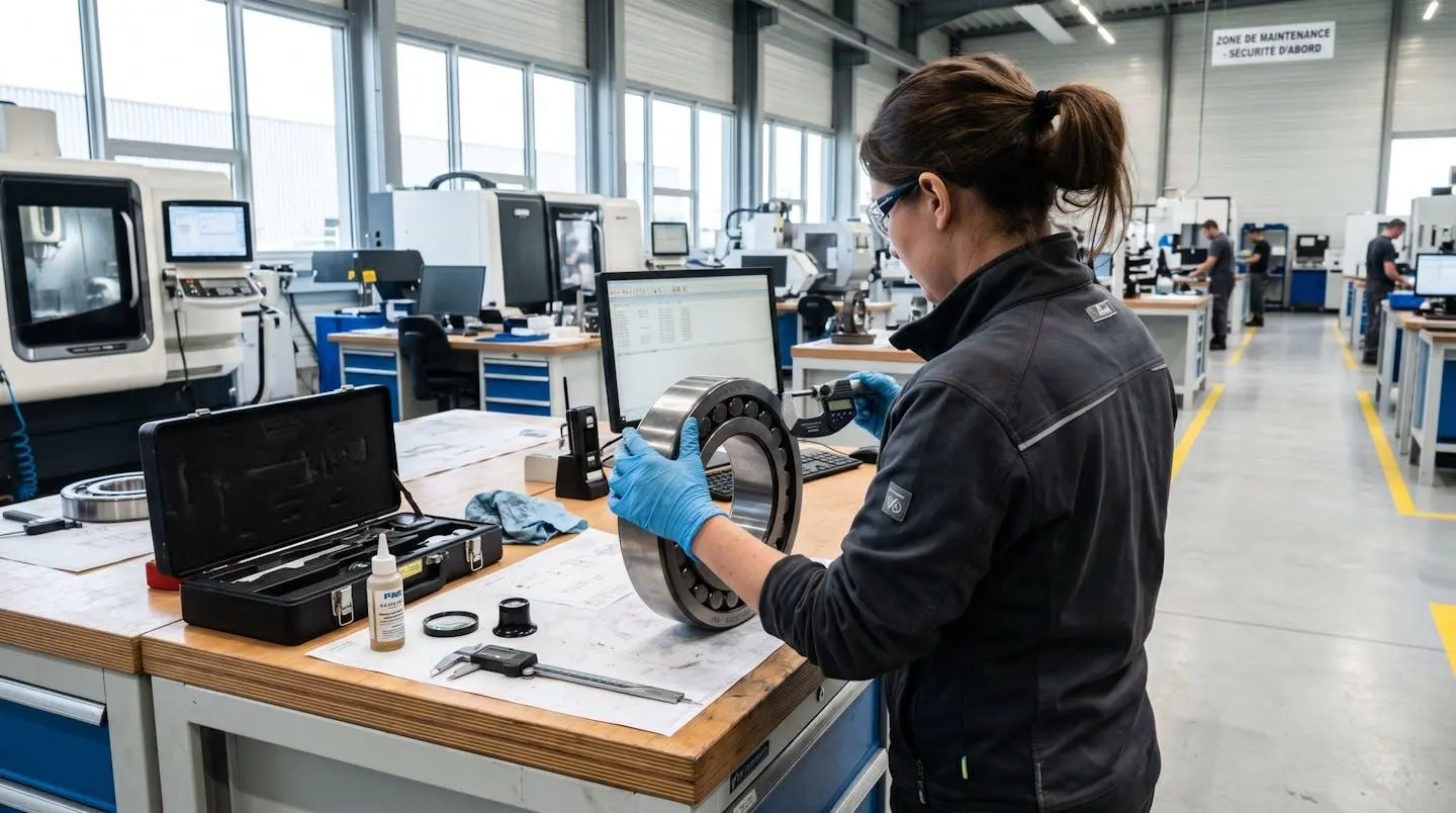 Technicien de maintenance en tenue de travail inspectant un roulement démonté sur un établi d'atelier moderne, vu de dos dans un environnement lumineux et organisé