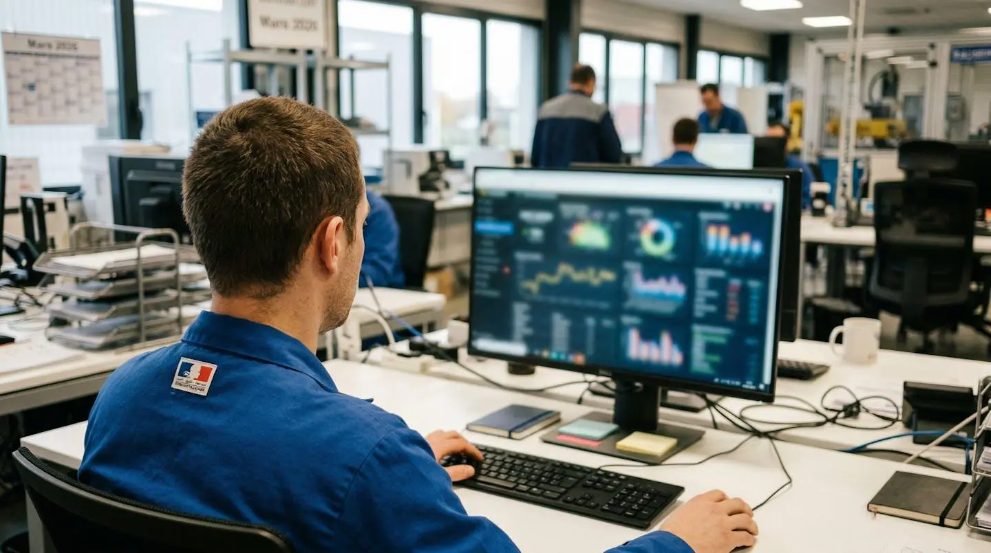 Technicien vu de dos consultant un écran d'ordinateur flouté dans un bureau technique industriel aux murs clairs