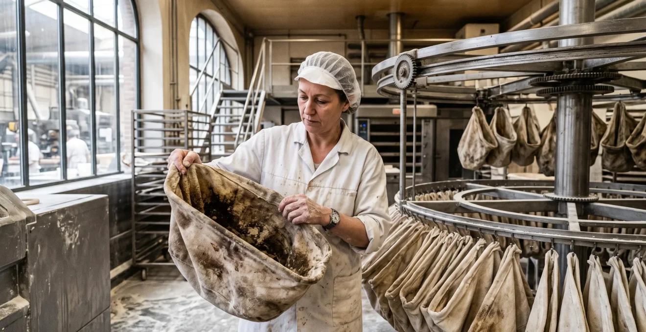 Un boulanger retire une poche de balancelle encrassée d'un rack en inox.