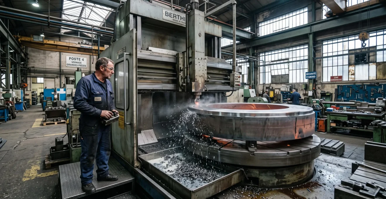 Un machiniste observe une grande pièce lourde usinée sur un tour vertical en atelier.