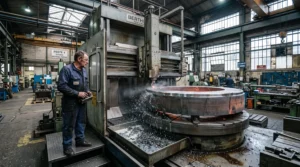 Un machiniste observe une grande pièce lourde usinée sur un tour vertical en atelier.