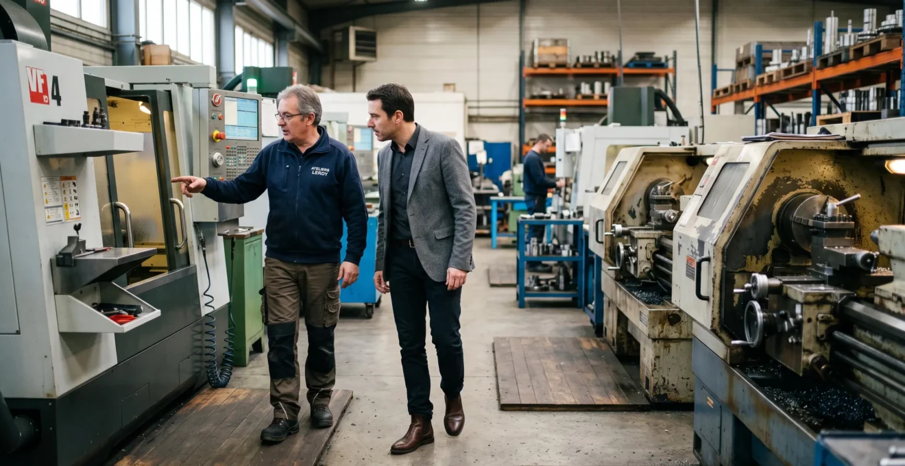 Un responsable technique présente le parc machines à un client industriel visiteur.